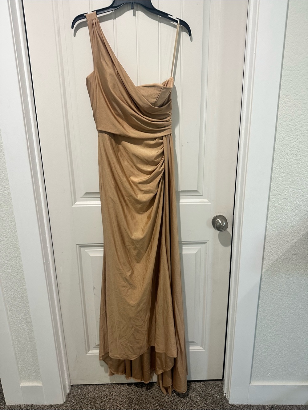 Asymmetrical One-Shoulder Draped Maxi Dress in Camel